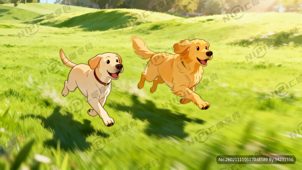 一只拉布拉多跟一只金毛在草坪上