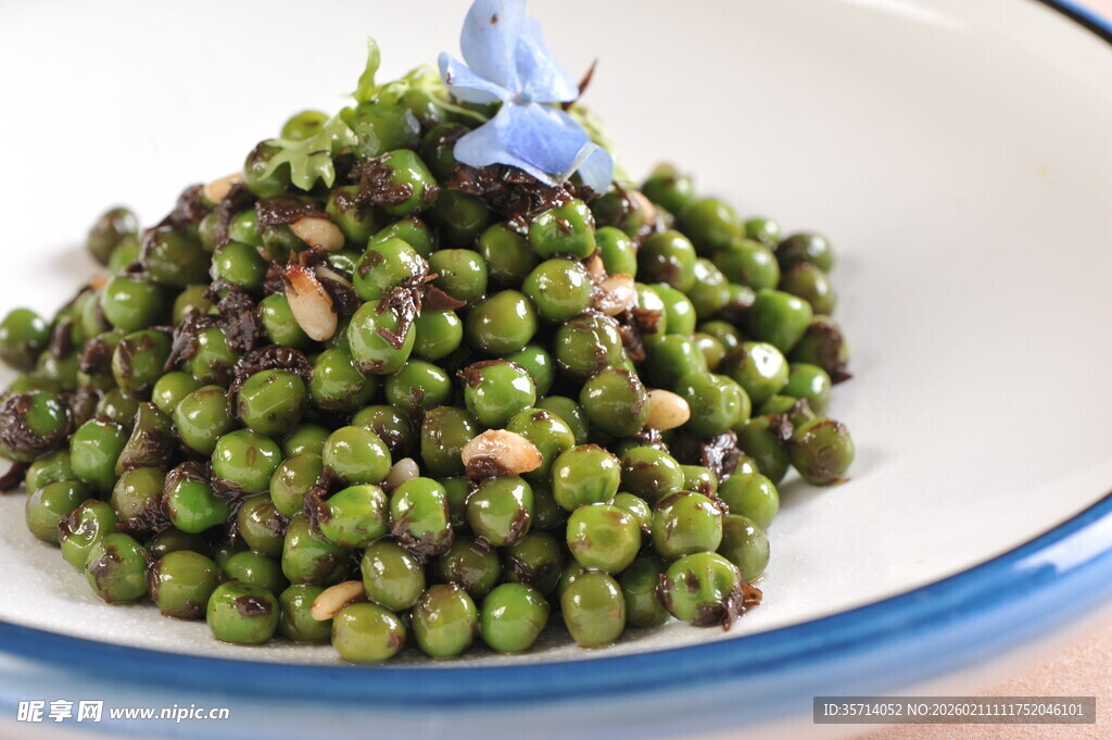 蓝边盘中的美味青豌豆