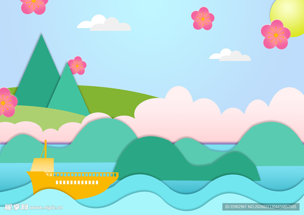 春日山水间的小船风景