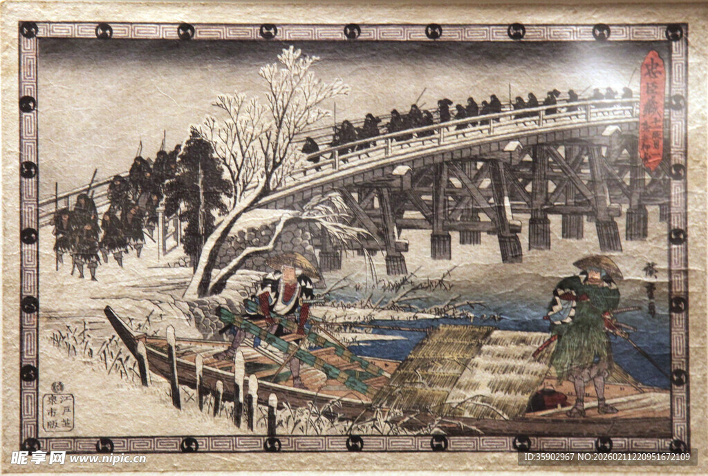 古代雪景桥上人物活动图