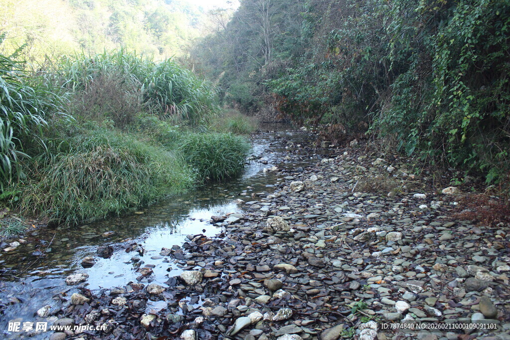 婺源山间碎石小溪自然景致