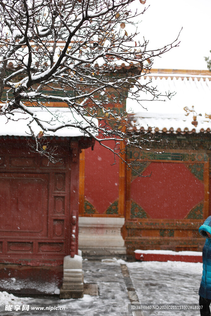 雪后故宫红墙前的行人