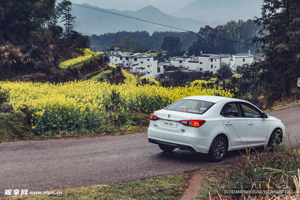 婺源公路旁的白色轿车与油菜花田
