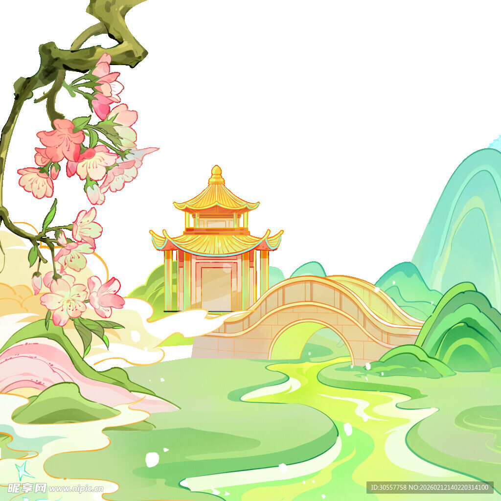 彩色国潮风卡通亭子风景