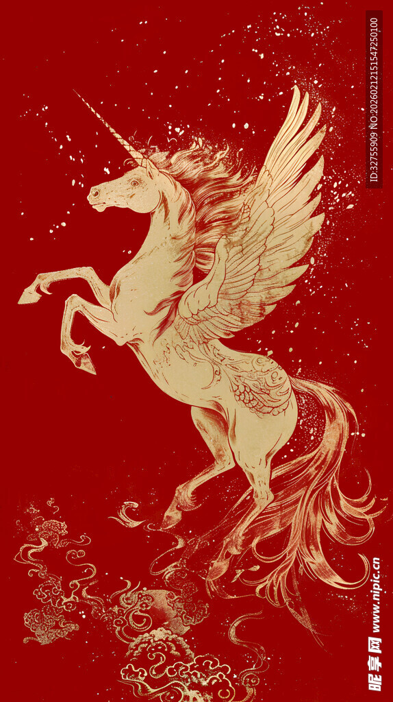 金色飞马独角兽于红背景跃起