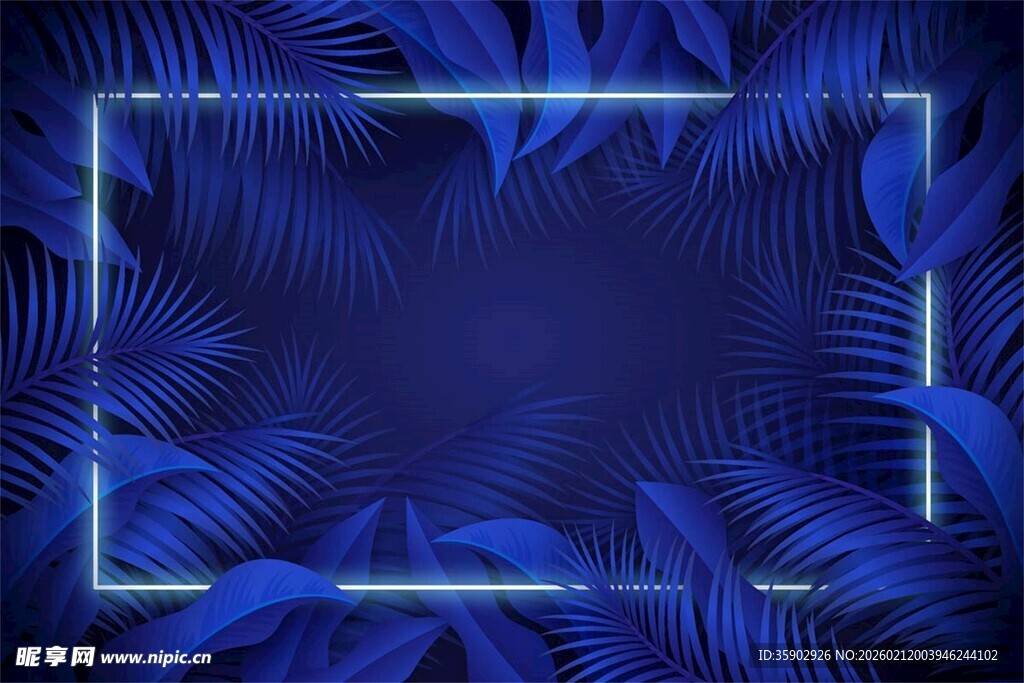 蓝色热带叶背景框架