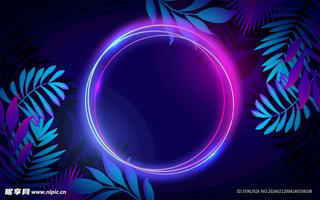 霓虹光环与植物装饰背景