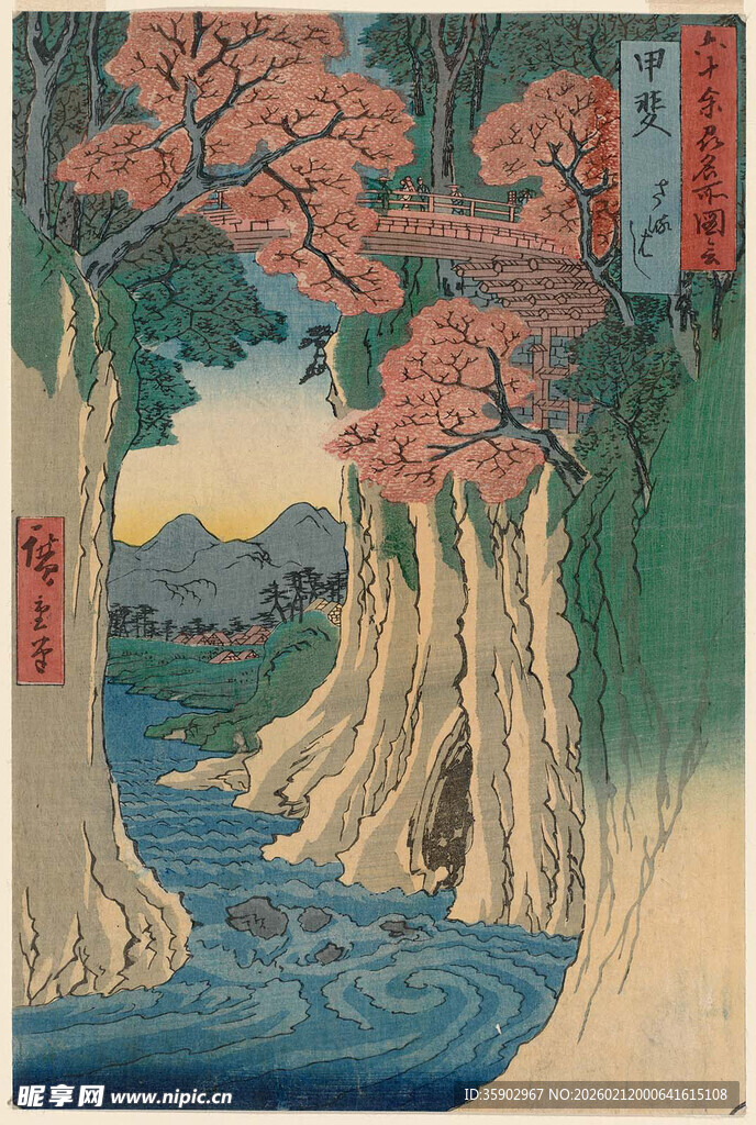 日式河畔樱花风景图