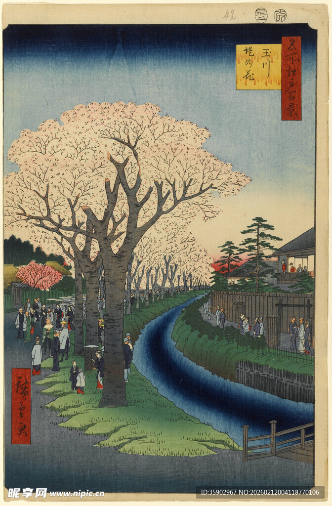 日式河畔樱花风景图