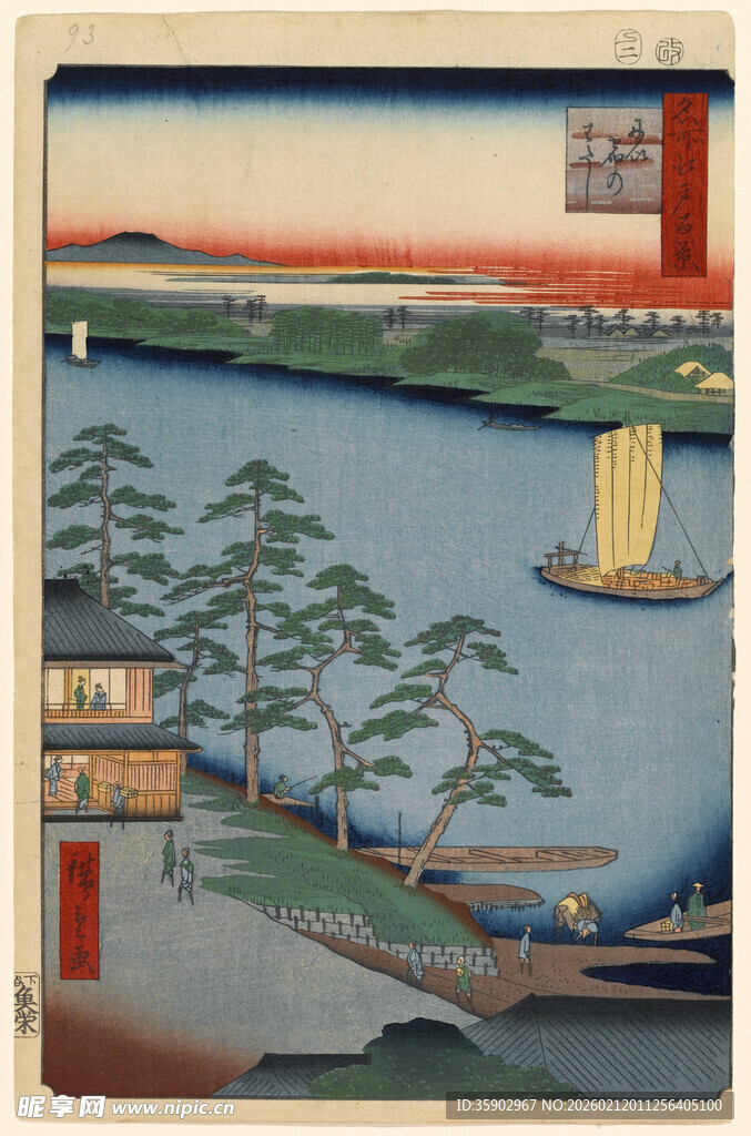 江户风景绘河畔松景图