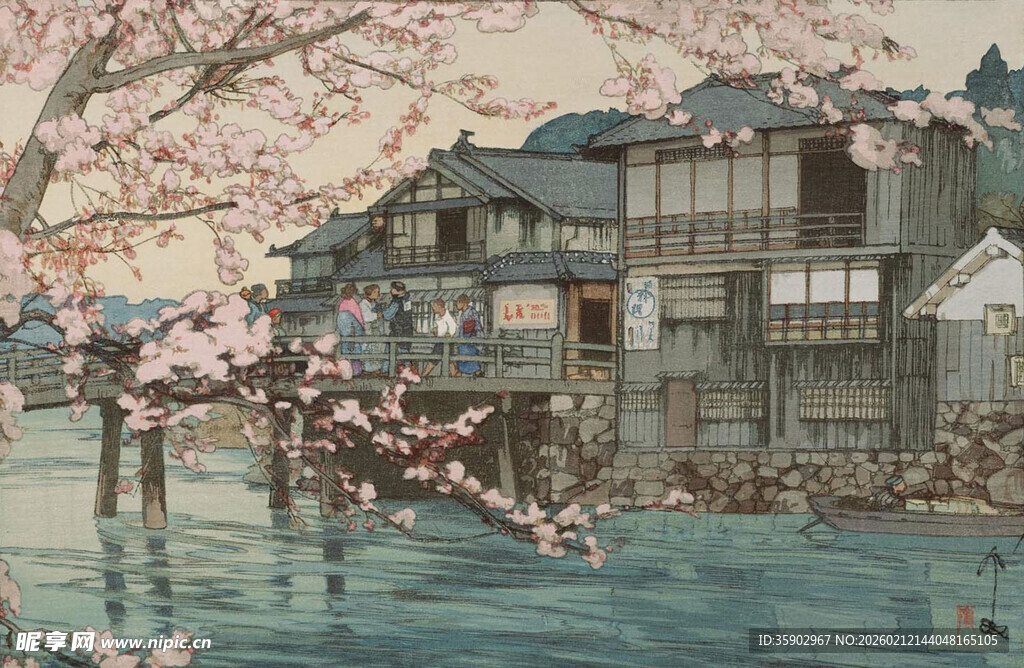 日式河畔阁楼樱花景致