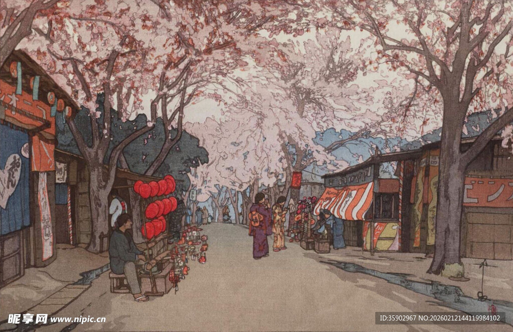 樱花街道上的复古人力车