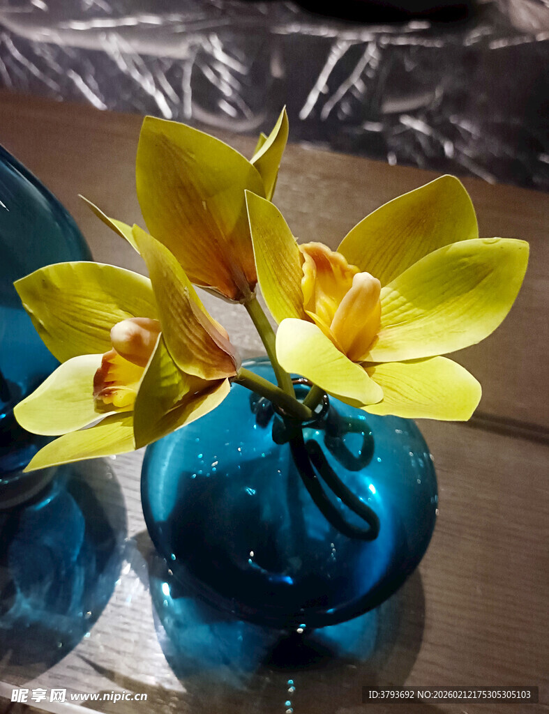 蓝色花瓶中的黄色兰花