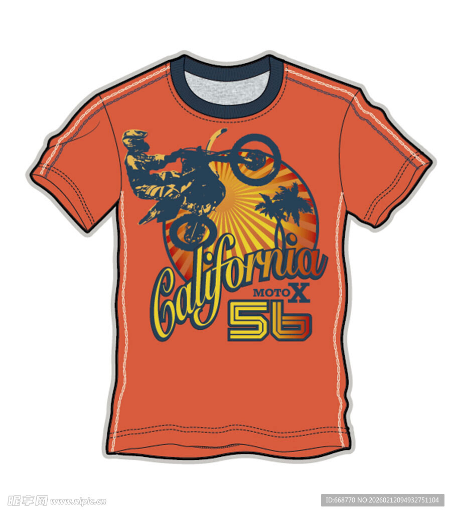 橙色加州主题印花T恤