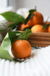 新鲜橘子带叶摆放在碗中