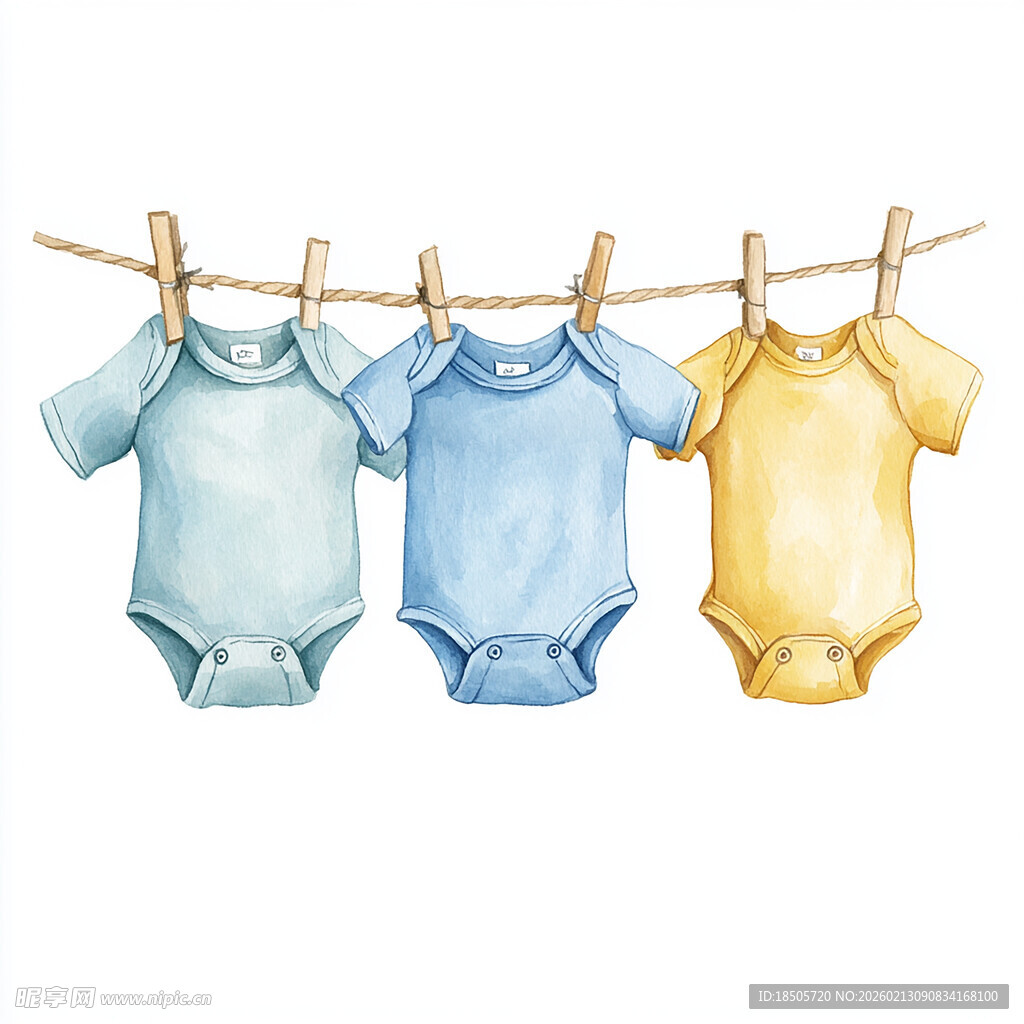 三色婴儿连体衣挂于绳上