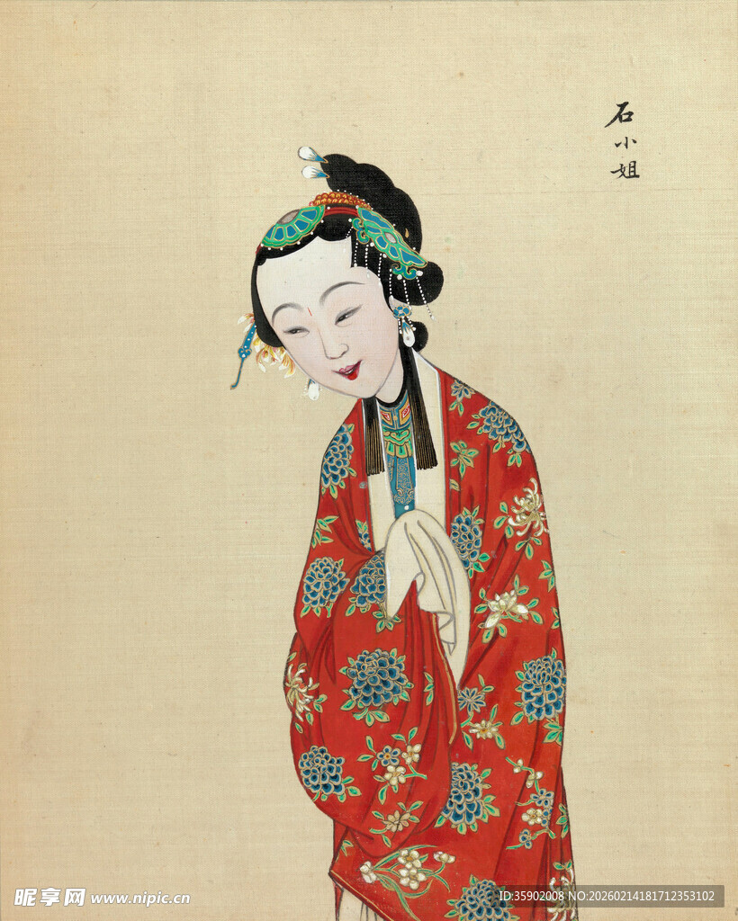 古典红衣女子优雅侧立