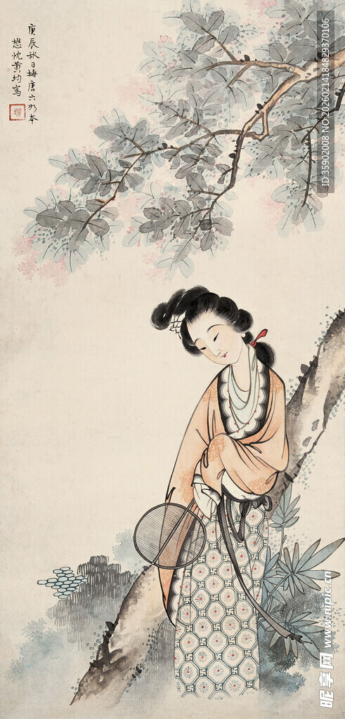 古典仕女倚树图