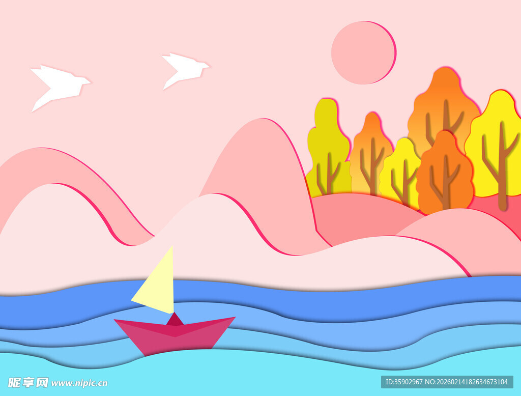 海上小船秋日风景插画