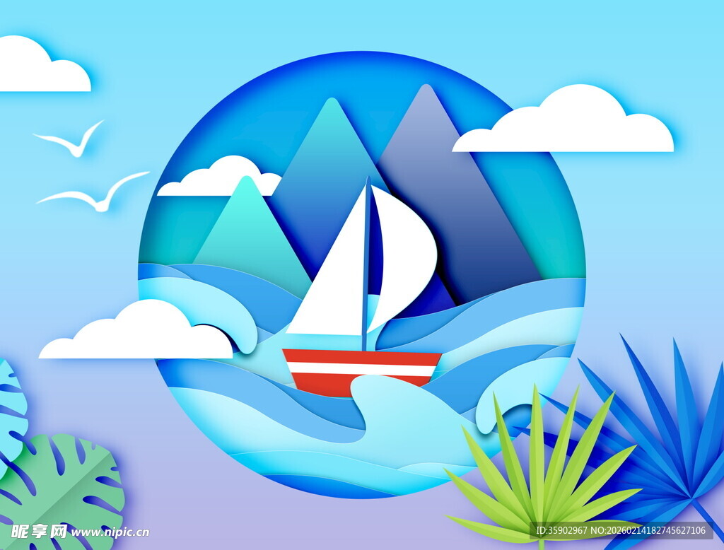 海上帆船与山海风景插画