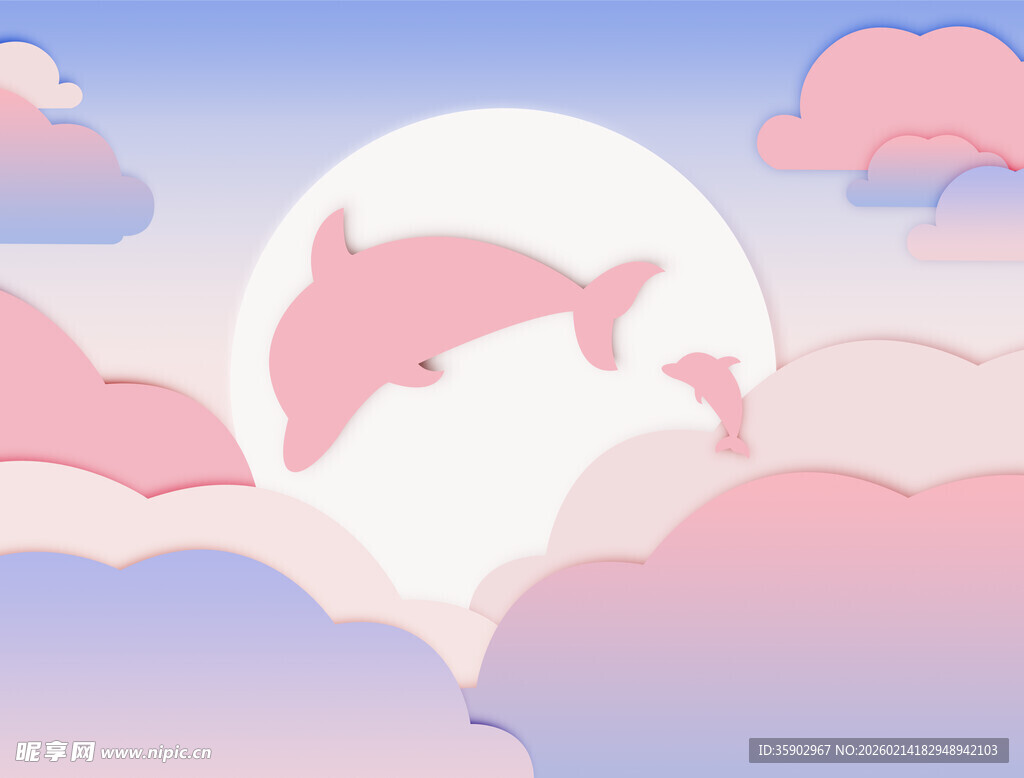 梦幻海豚跃于彩云明月间