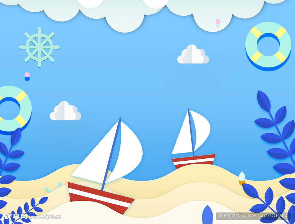 夏日海边帆船童趣插画