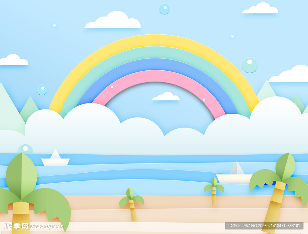 海边彩虹下的夏日风景