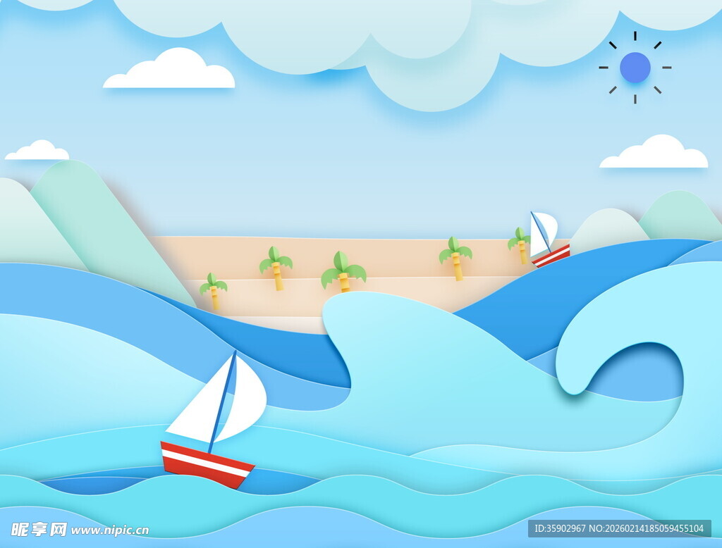 海上帆船航行的夏日风景