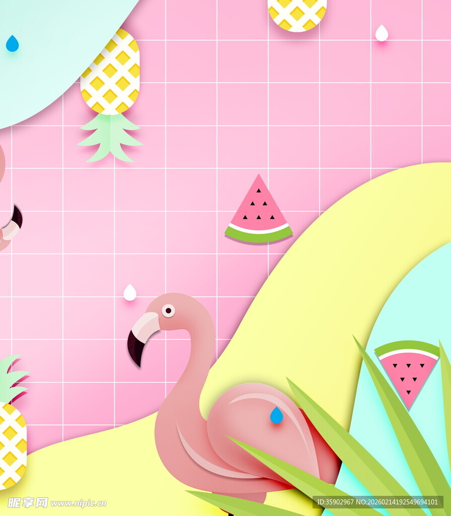 火烈鸟与水果装饰插画