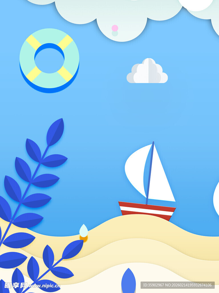 夏日沙滩帆船风景图