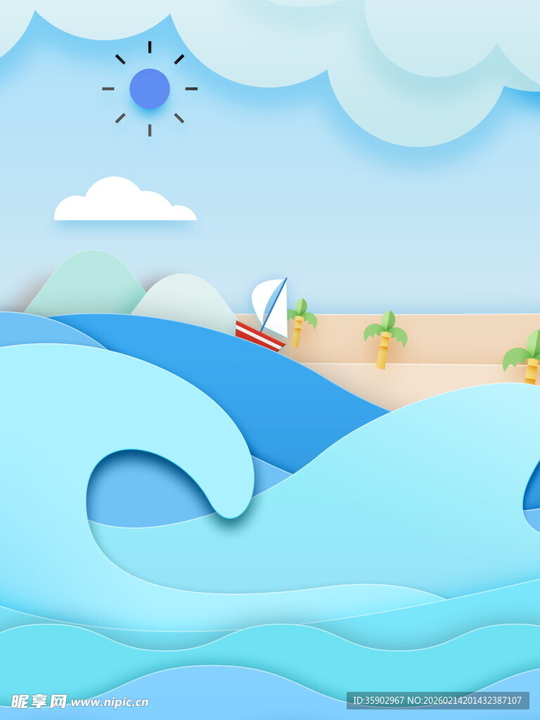 夏日海滨海浪卡通风景图