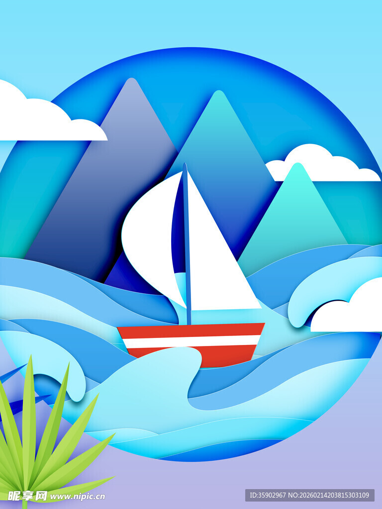 海上帆船航行插画