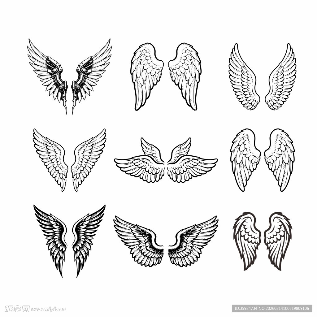 手绘风格多样翅膀图案集