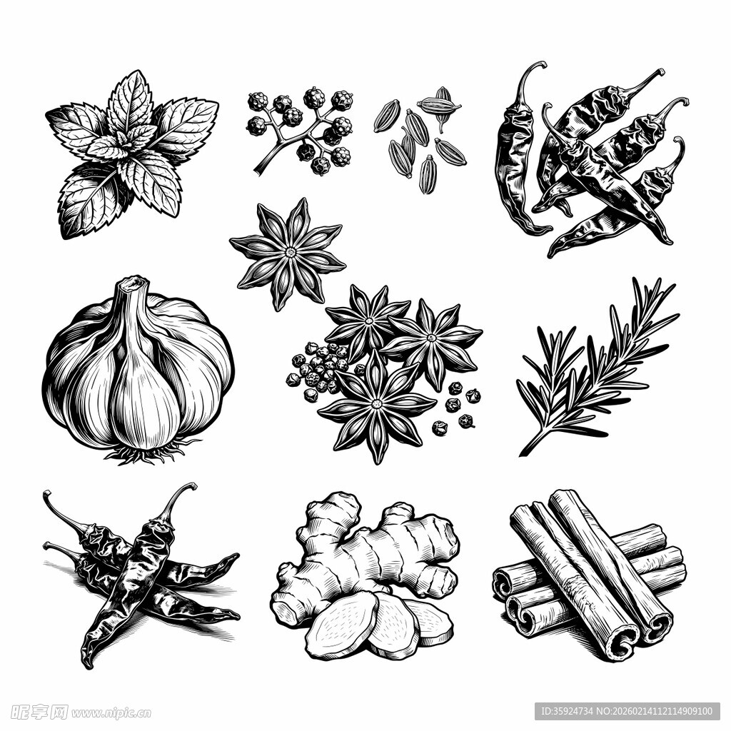 手绘多样香料组合图