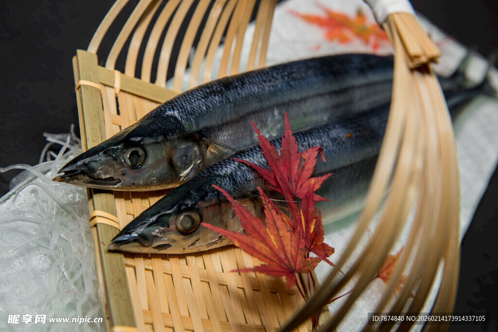 日式摆盘的鲜鱼和枫叶