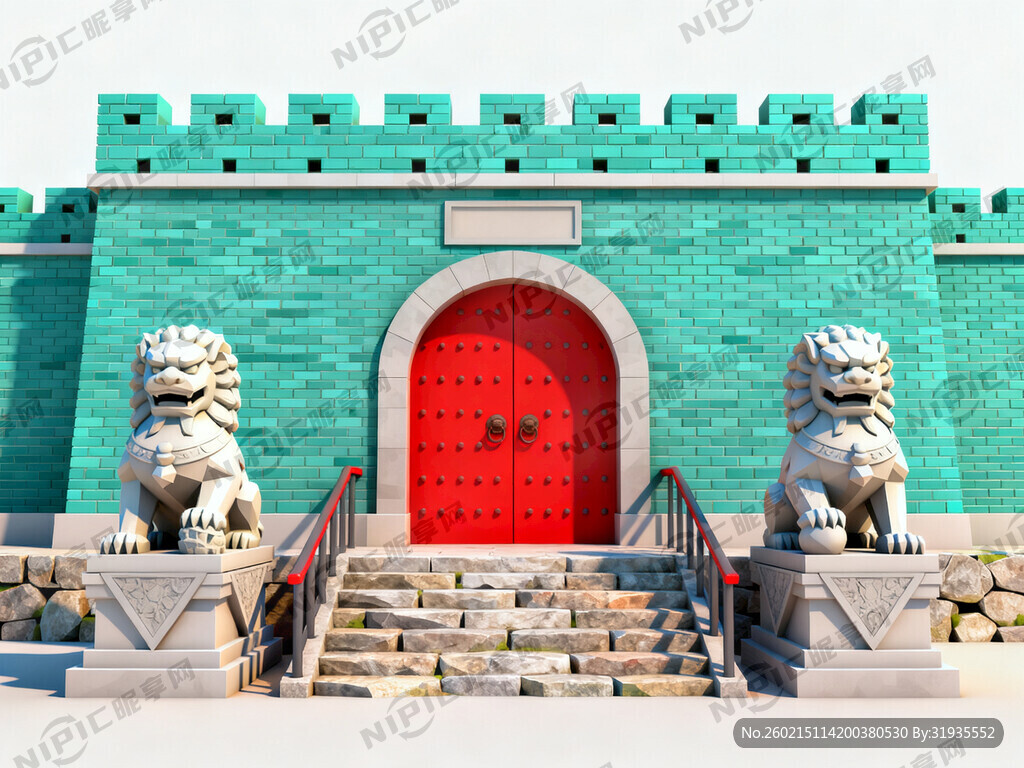 古城门 狮子 红大门 扶手栏杆