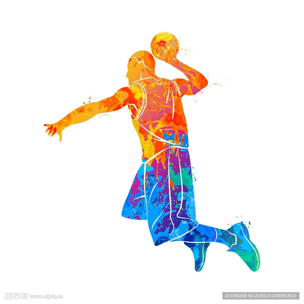 动感彩色篮球运动员跳跃瞬间