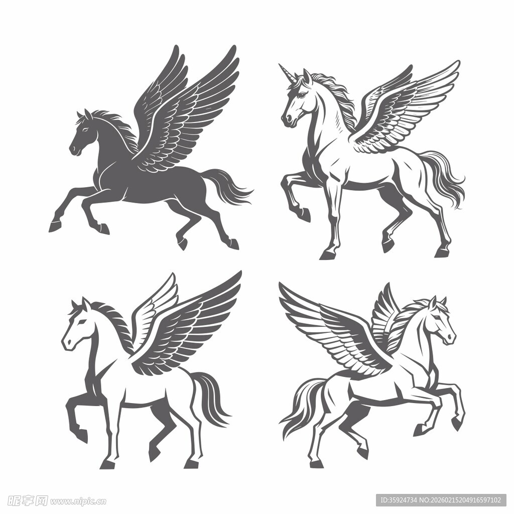 四幅带翼骏马图案设计