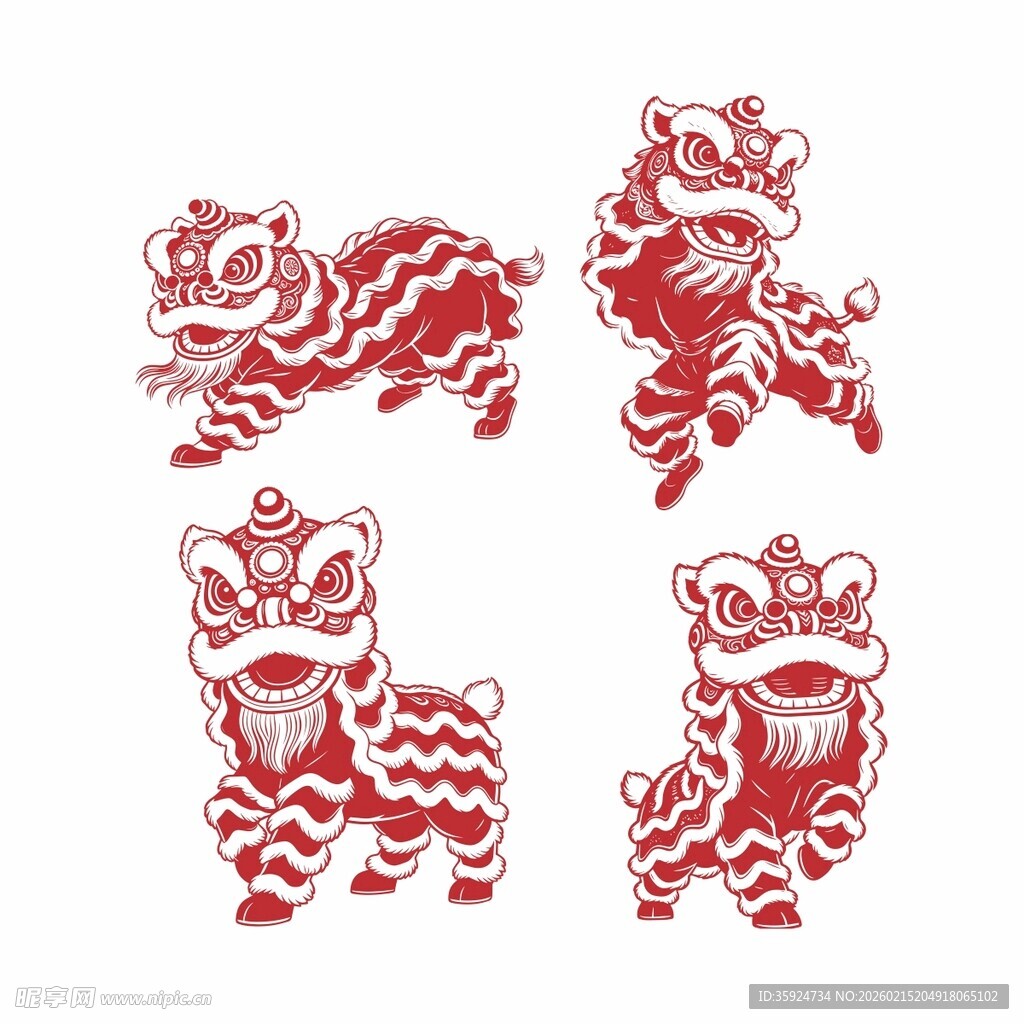 传统红色剪纸风格舞狮图案