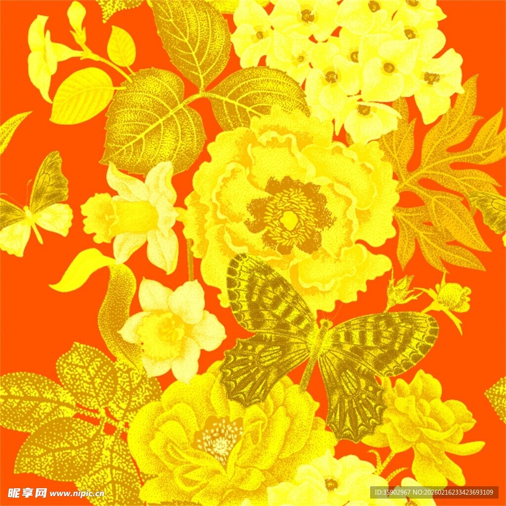 橙底黄花蝴蝶装饰图案