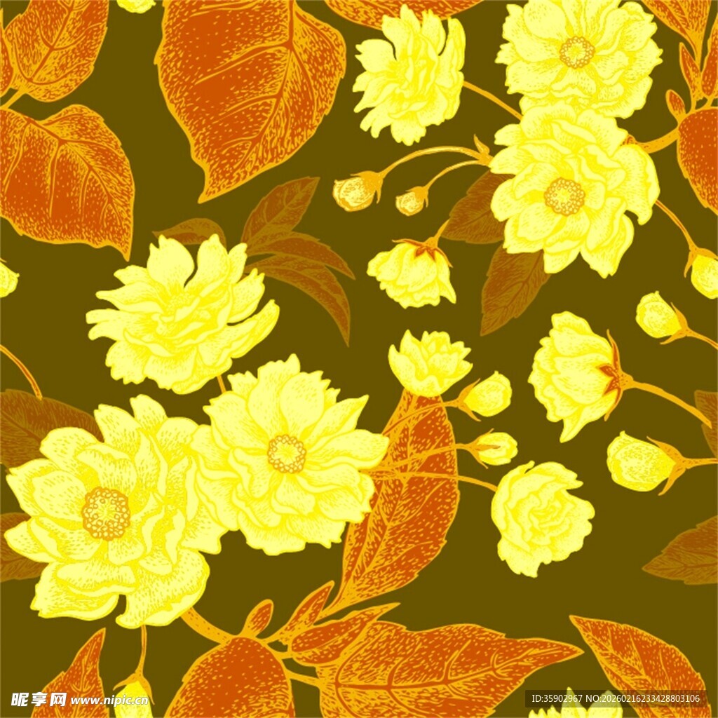 黄色花卉树叶图案背景