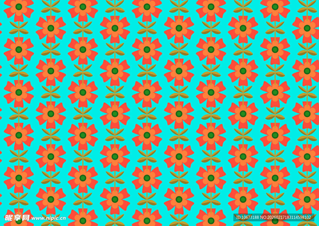 蓝底橙色花朵几何图案