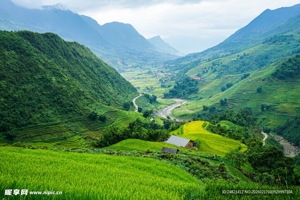 山间绿野中的宁静村落