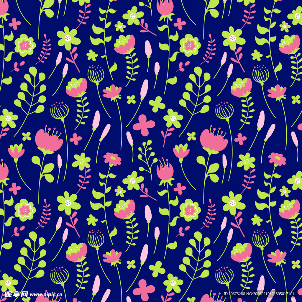 深蓝色底多彩花卉图案