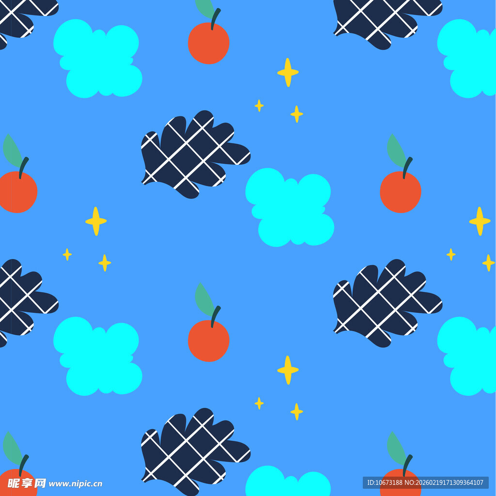 蓝色背景水果云朵图案