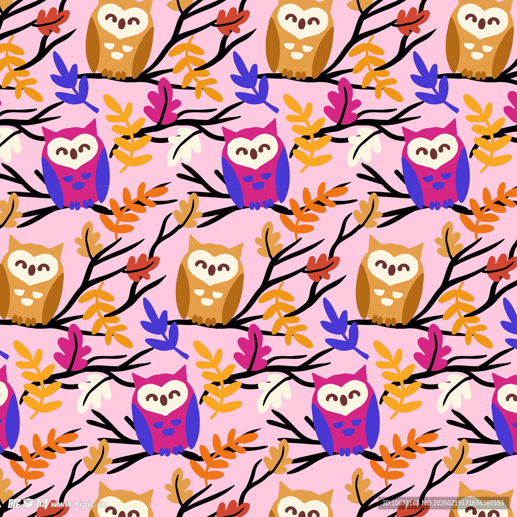 猫头鹰与秋叶的梦幻图案
