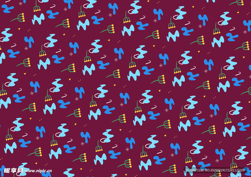 酒红色底多彩图案布料