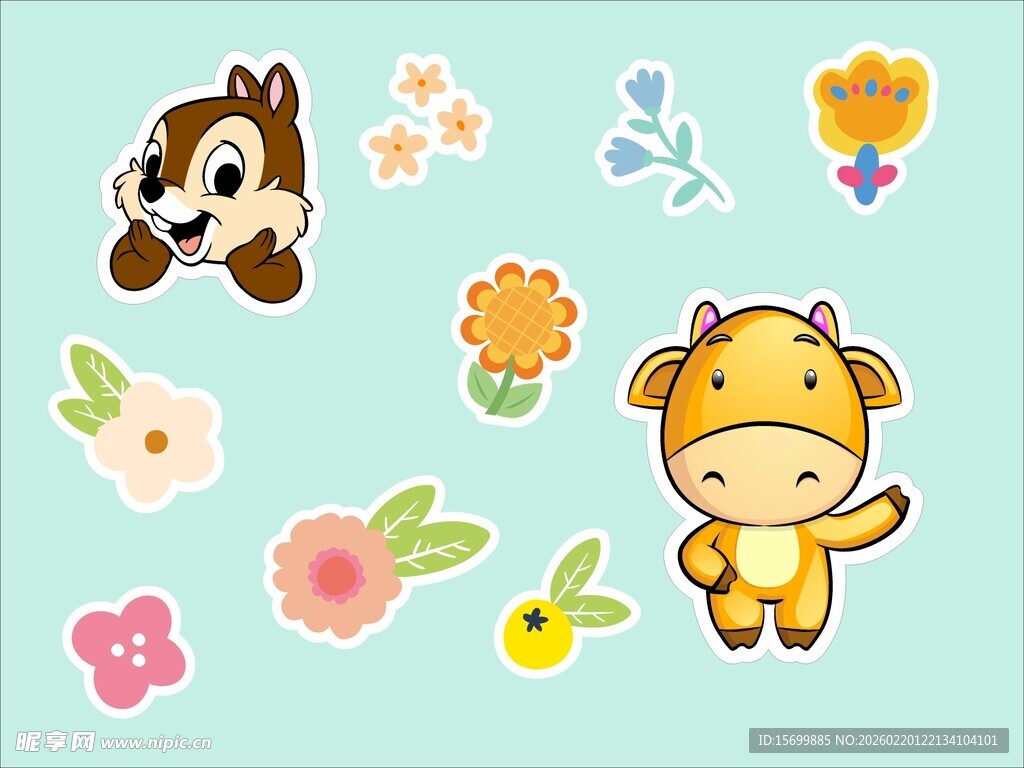 可爱动物与花卉卡通贴纸