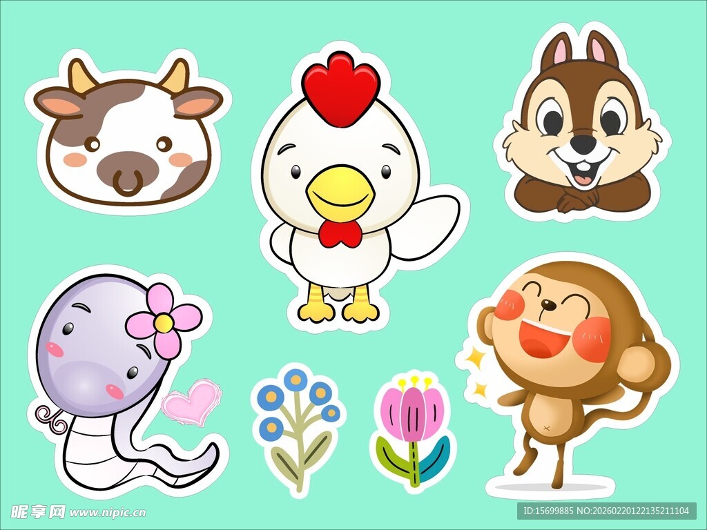 可爱卡通动物与花朵图案