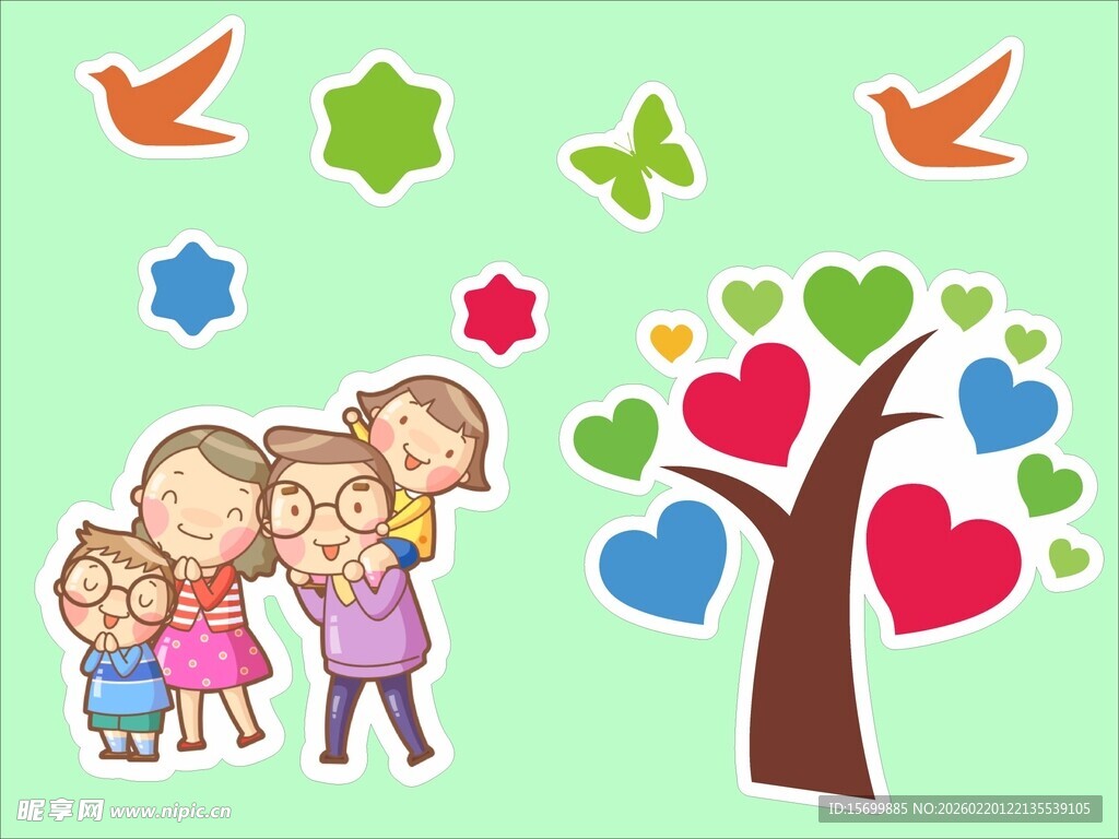 欢乐家庭与多彩树和飞鸟